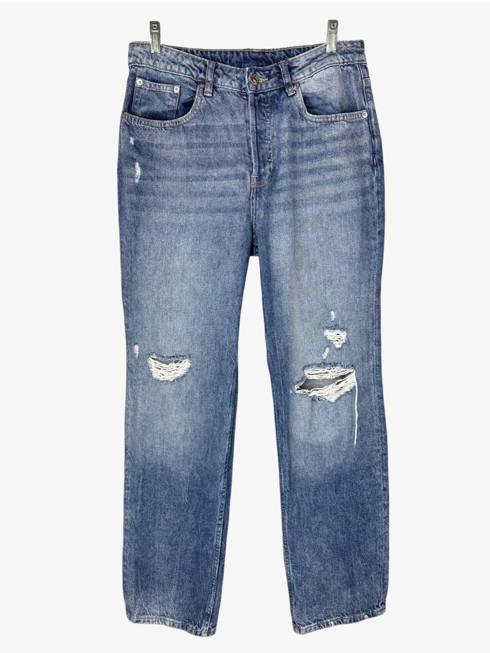 H&M Divided High Rise 90s Straight Leg Jeans 10 Rigid Denim Wide Leg Distressed